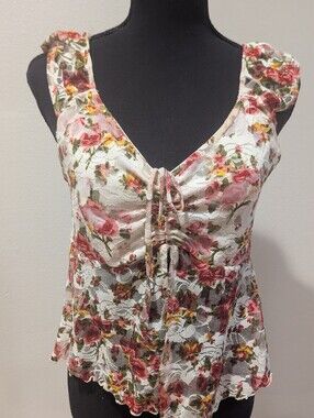 Floral Lace Tie-Front Women’s Top - White with Pink Roses